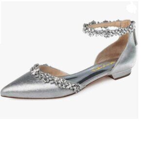 XYD Silver Pointed Toe Sparkly Rhinestones Ankle Strap Zipper Wedding Sandals